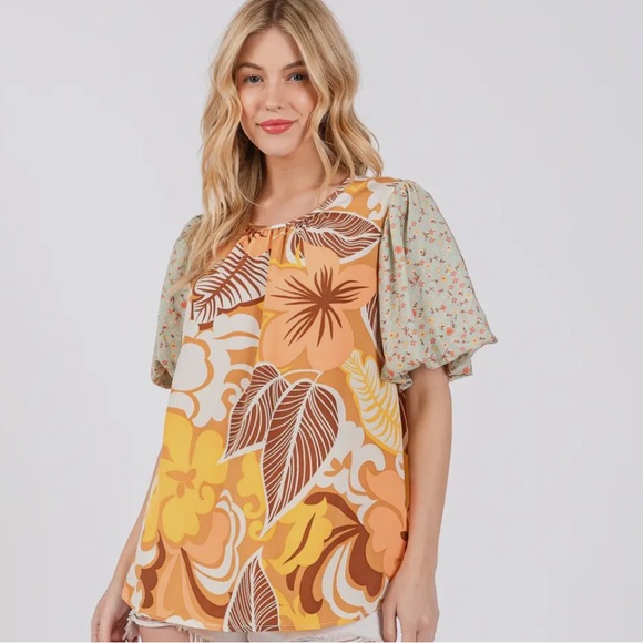 Boho Contrast Floral Print Blouse Top - Picture 6 of 6